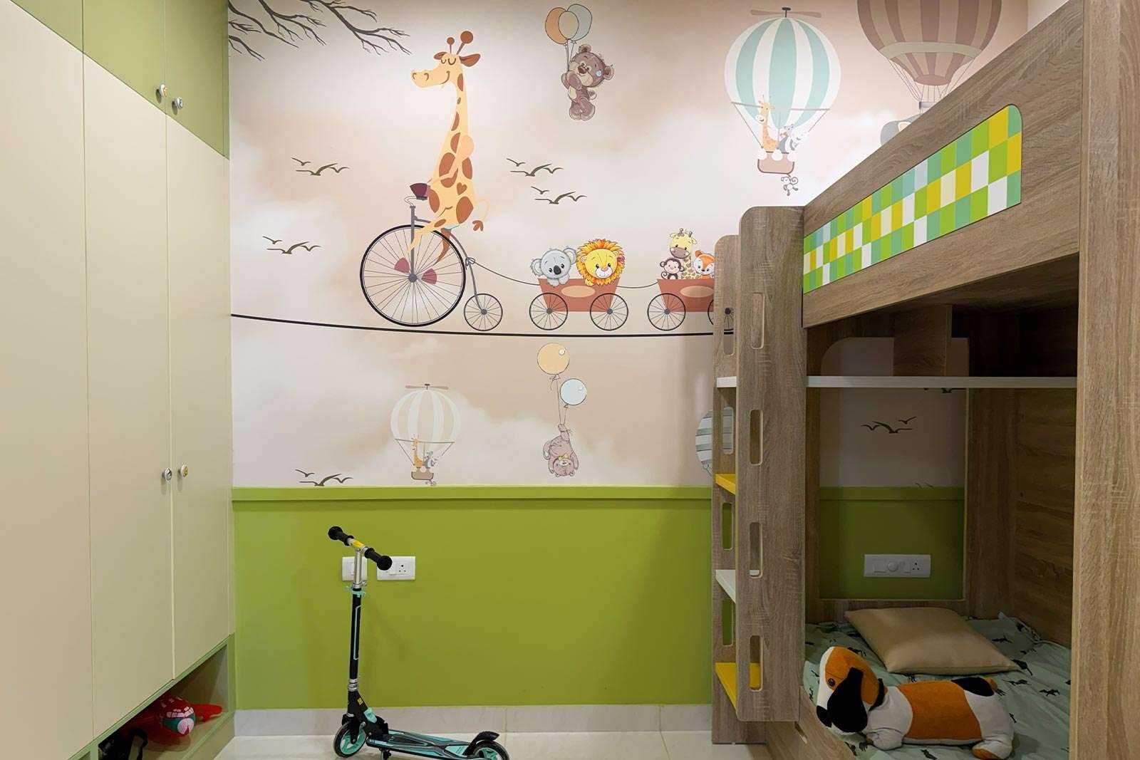 Modern kids bedroom interior design with smart furniture and pastel colors