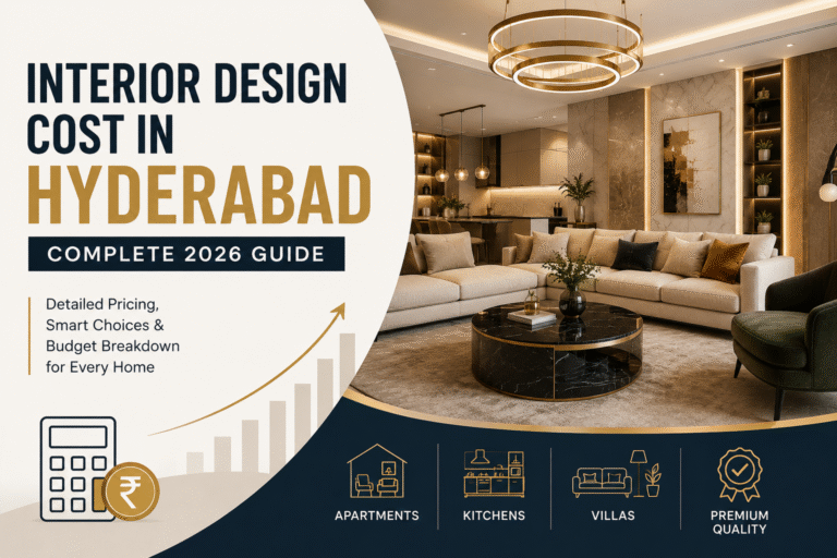 Luxury modern living room showcasing interior design cost guide in Hyderabad for apartments, villas, and modular kitchens