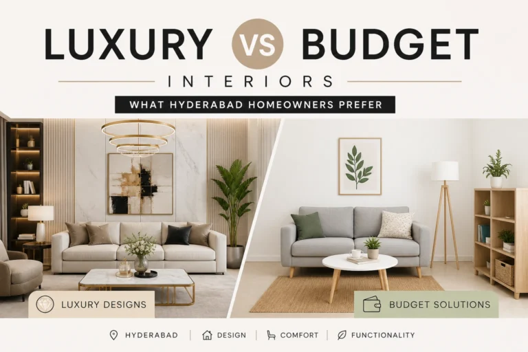 Minimal luxury vs budget interiors Hyderabad comparison showing modern premium and affordable living room designs
